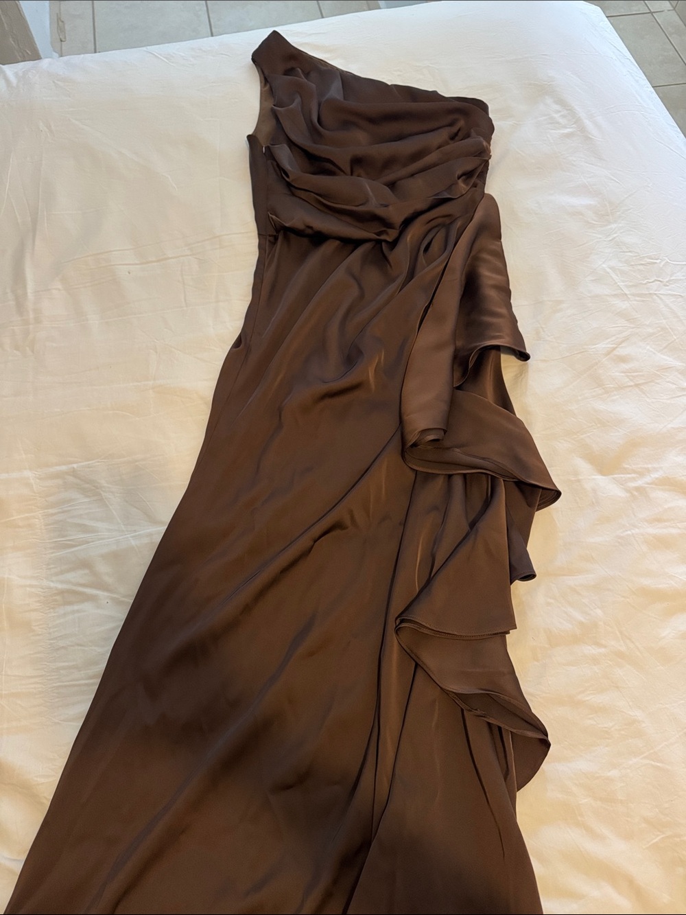 One-Shoulder Brown Ruffle Satin dress
